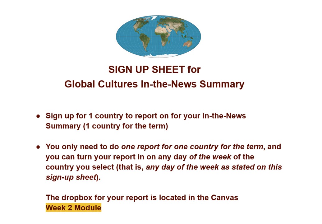 Image of the Global Cultures In-the-News sign-up sheet.